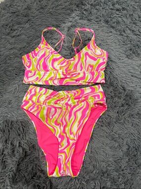 aerie Neon Pink and Lime Green Swirl Bikini Set